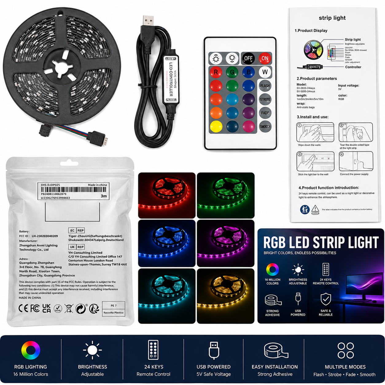 USB RGB LED Strip Light 3M with 24-Key Remote Control