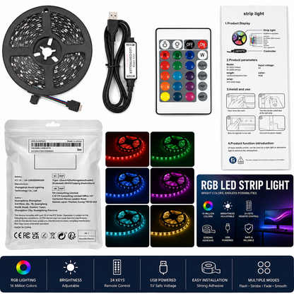 USB RGB LED Strip Light 3M with 24-Key Remote Control