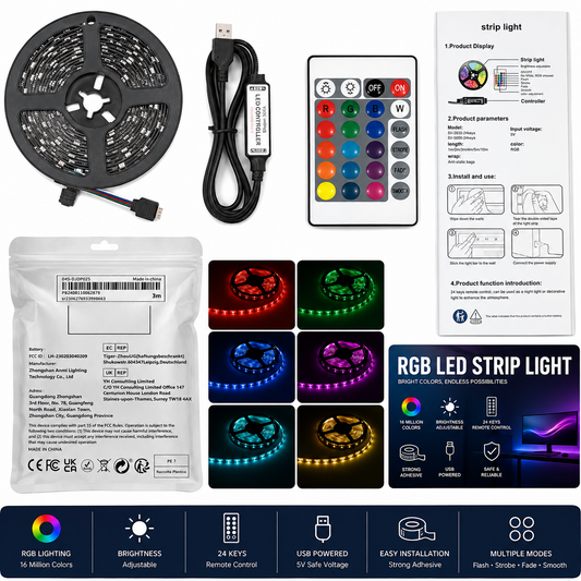USB RGB LED Strip Light 3M with 24-Key Remote Control