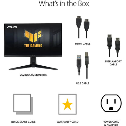 شاشة ASUS TUF مقاس 28 بوصة VG28UQL1A بدقة 4K ومعدل تحديث 144 هرتز، مزودة بمنفذ HDMI 2.1، وتقنية IPS سريعة الاستجابة (1 مللي ثانية)، ومتوافقة مع تقنية G-SYNC، وتدعم حماية العين، وتغطي نطاق ألوان DCI-P3 بنسبة 90%.