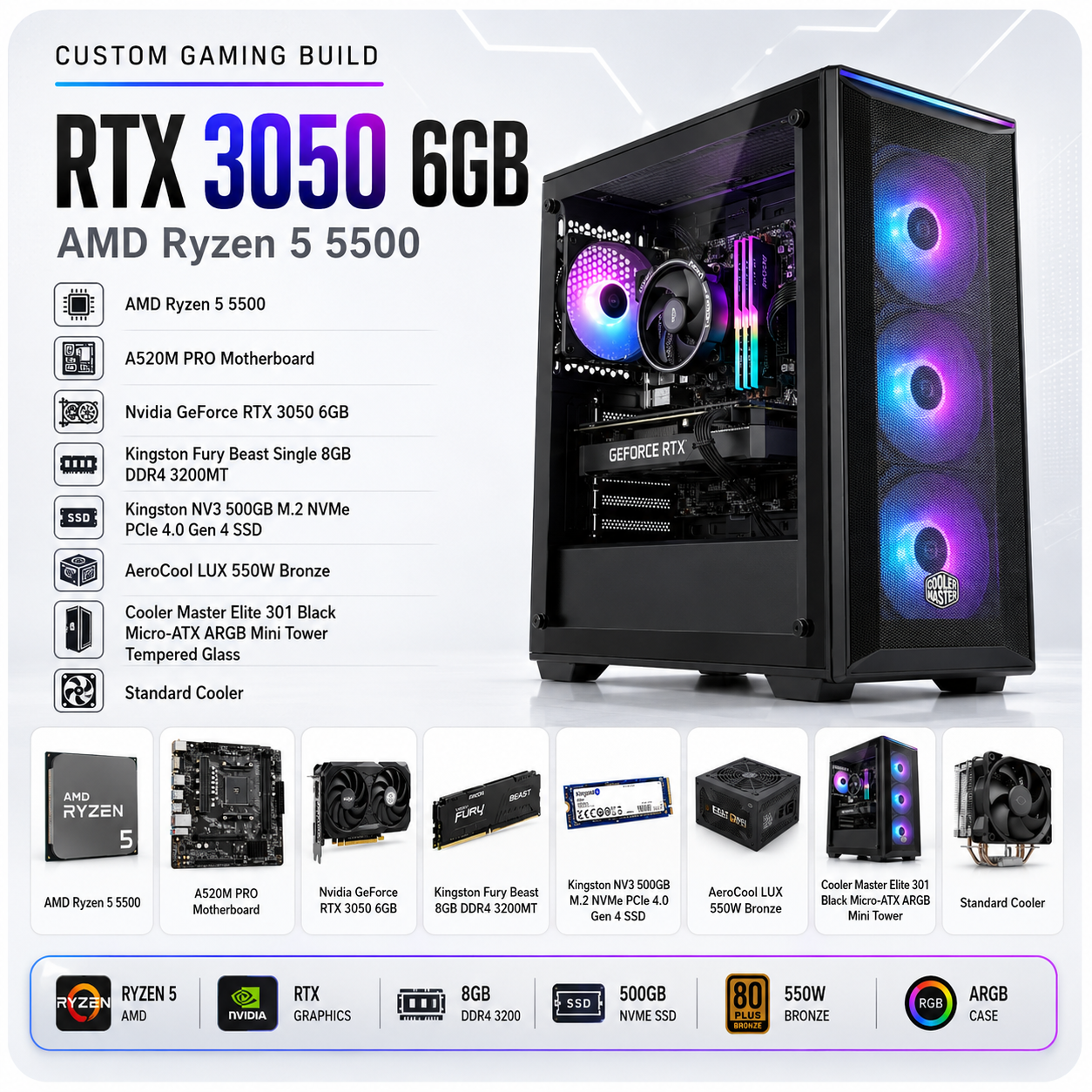 معالج AMD Ryzen 5 5500 // بطاقة رسومات RTX 3050 بسعة 6 جيجابايت // ذاكرة وصول عشوائي 8 جيجابايت - جهاز كمبيوتر مُخصص