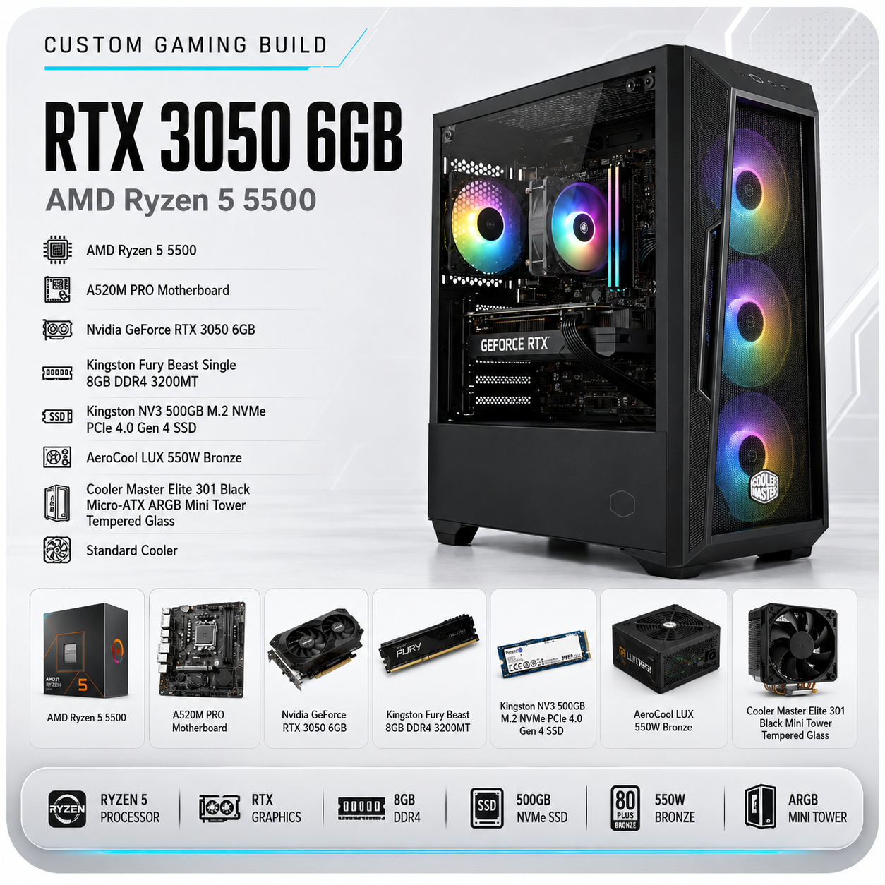 معالج AMD Ryzen 5 5500 // بطاقة رسومات RTX 3050 بسعة 6 جيجابايت // ذاكرة وصول عشوائي 8 جيجابايت - جهاز كمبيوتر مُخصص