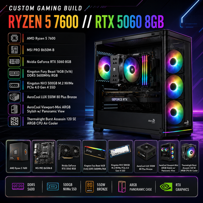 معالج AMD RYZEN 5 7600 // بطاقة رسومات RTX 5060 بسعة 8 جيجابايت // ذاكرة وصول عشوائي 16 جيجابايت - جهاز كمبيوتر مُعدّل