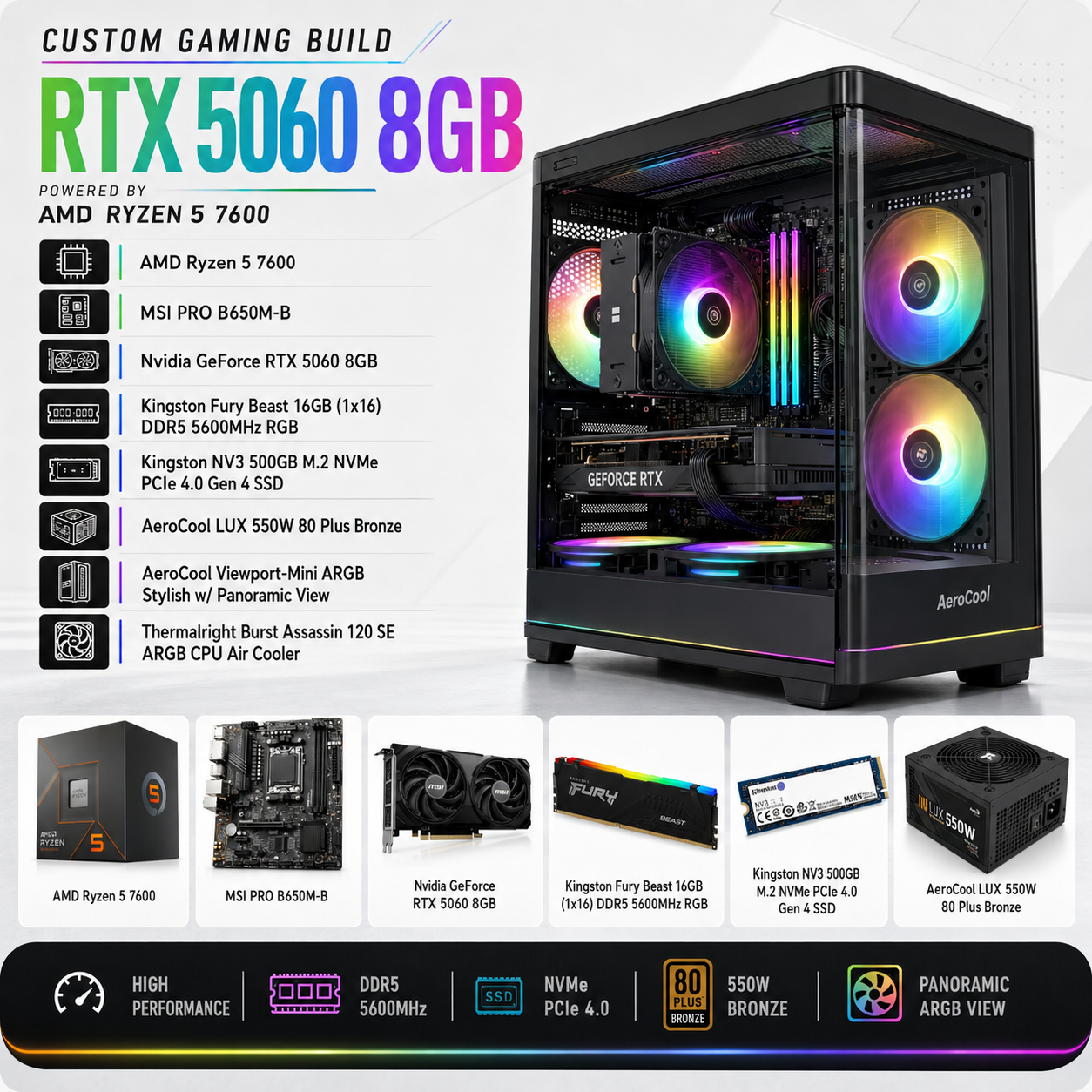 معالج AMD RYZEN 5 7600 // بطاقة رسومات RTX 5060 بسعة 8 جيجابايت // ذاكرة وصول عشوائي 16 جيجابايت - جهاز كمبيوتر مُعدّل