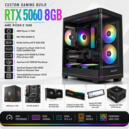 معالج AMD RYZEN 5 7600 // بطاقة رسومات RTX 5060 بسعة 8 جيجابايت // ذاكرة وصول عشوائي 16 جيجابايت - جهاز كمبيوتر مُعدّل