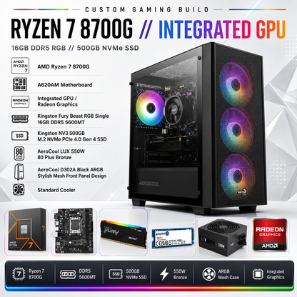 معالج AMD RYZEN 7 8700G // معالج رسومات مدمج // ذاكرة وصول عشوائي 16 جيجابايت - جهاز مُجمّع حسب الطلب