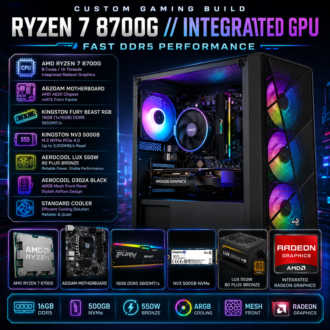 معالج AMD RYZEN 7 8700G // معالج رسومات مدمج // ذاكرة وصول عشوائي 16 جيجابايت - جهاز مُجمّع حسب الطلب