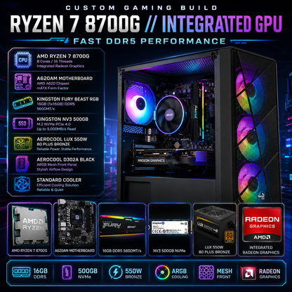 معالج AMD RYZEN 7 8700G // معالج رسومات مدمج // ذاكرة وصول عشوائي 16 جيجابايت - جهاز مُجمّع حسب الطلب