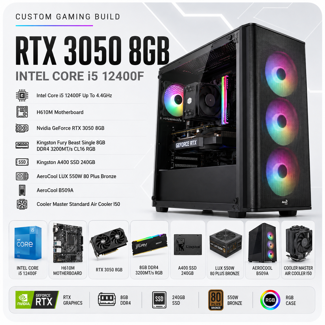 معالج إنتل كور i5 12400F // بطاقة رسومات RTX 3050 سعة 8 جيجابايت // ذاكرة وصول عشوائي 8 جيجابايت DDR4 - جهاز كمبيوتر مُجمّع حسب الطلب