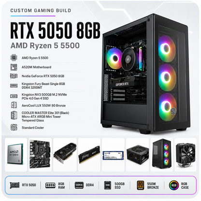 معالج AMD Ryzen 5 5500 // بطاقة رسومات RTX 5050 بسعة 8 جيجابايت // ذاكرة وصول عشوائي 8 جيجابايت - جهاز كمبيوتر مُجمّع حسب الطلب