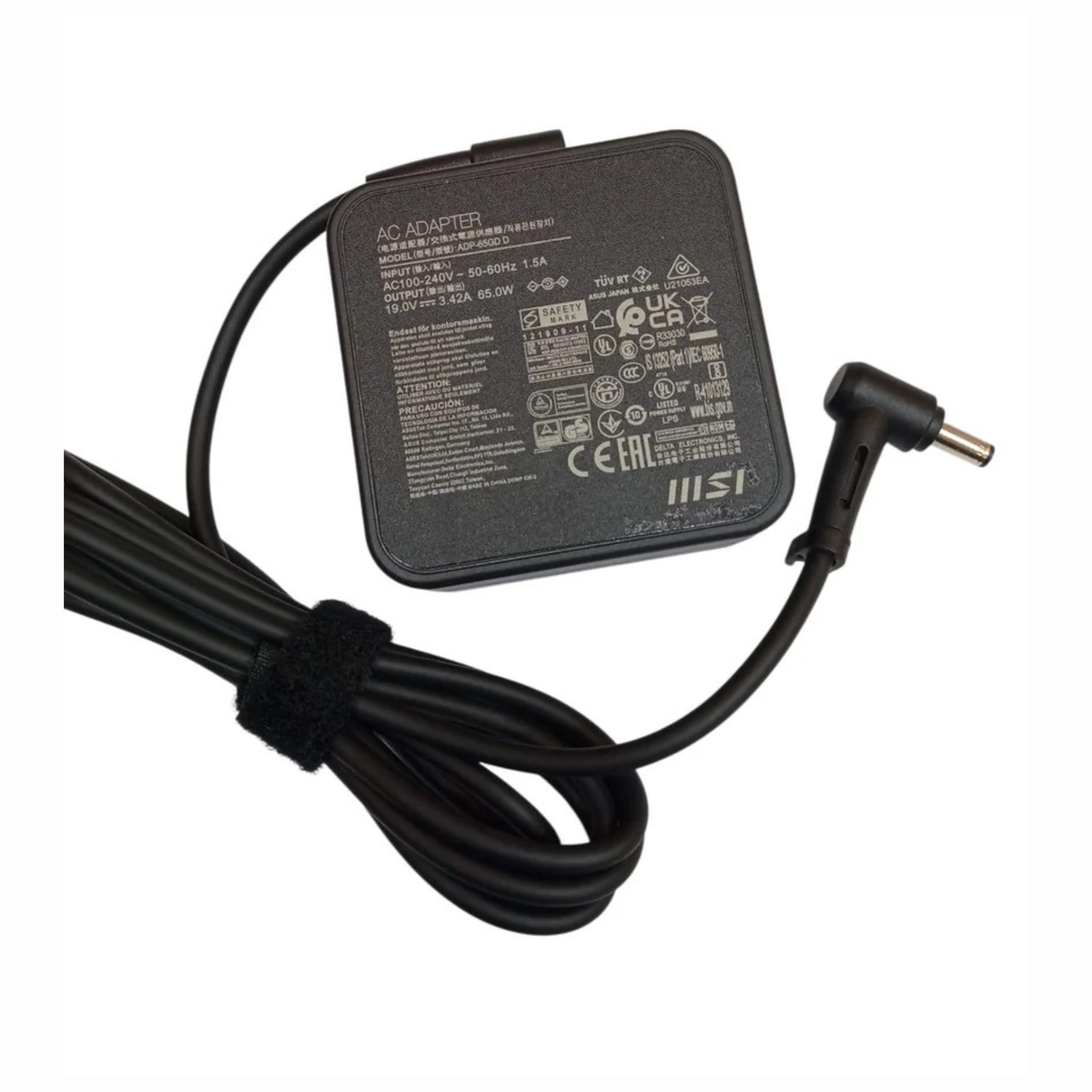 MSI 65W laptop charger with 19V 3.42A output, 4.5x3.0mm connector and 100-240V AC input for compatible MSI laptops